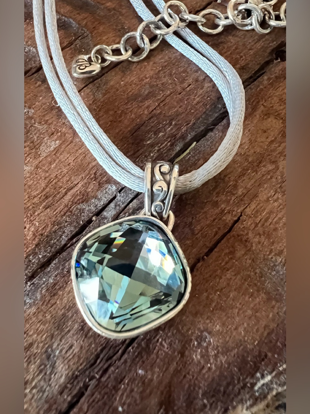 Brighton Pendant Blue Crystal Necklace Fine Silver 999 Grey Double Cord 16”+ 2”